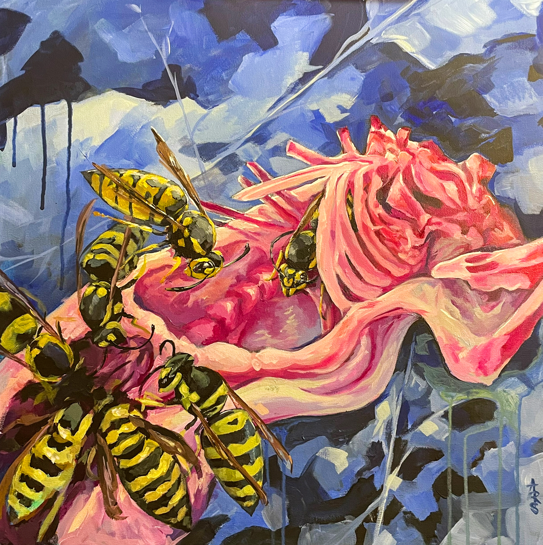 A painting of yellowjackets on carrion.